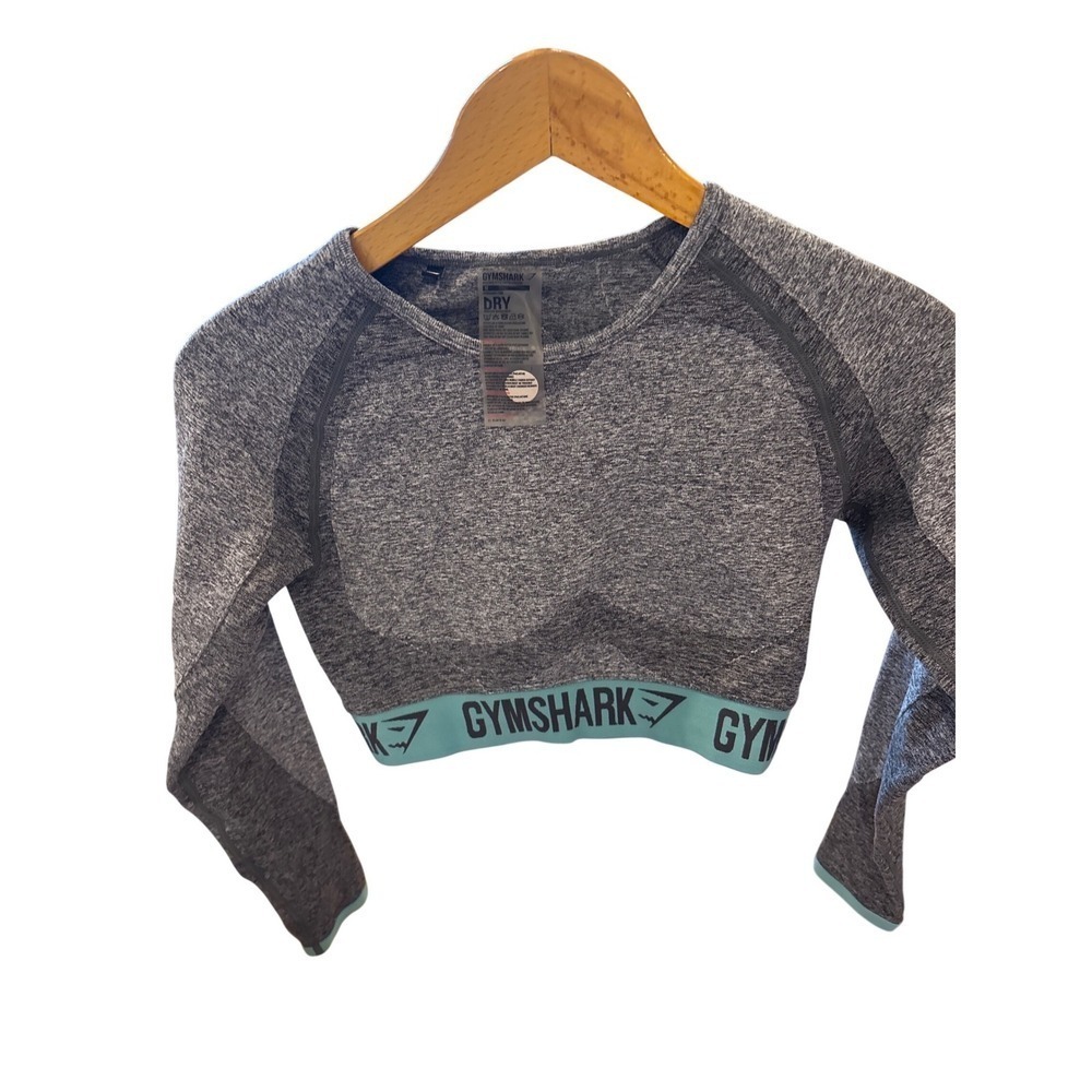 Gymshark Flex Long Sleeve Crop Top Grey Teal Marl Seamless Medium DRY Workout